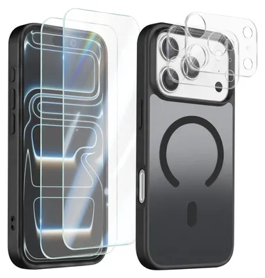 Image de Avizar, coque de protection MagSafe pour iPhone 17 Pro, avec 2 protections d'écran en verre trempé et 2 protections pour l'appareil photo, couleur noire