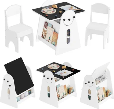 Produktbild von WOLTU Kindertisch mit 2 Stühlen, Stauraum Tafel, Kindersitzgruppe, Maltisch, Weiß