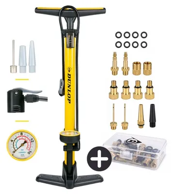Produktbild von Dunlop Fahrradpumpe mit Manometer und Ventil Adapter Set - Standpumpe 180 PSI - Für Presta Dunlop Schrader Ventil - Adapter für Fahrrad Auto Ball - Inkl. Aufbewahrungsbox