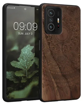 Produktbild von kwmobile Handyhülle für Xiaomi 11T / 11T Pro Hülle Holz - Case mit TPU Bumper - Stoßfestes Hardcase - Schutzhülle Cover in Dunkelbraun