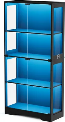 Produktbild von Glasvitrine Schwarz 80x35x165 cm mit 4 Ebenen, Glastüren, 3-farbiger LED-Beleuchtung & Bewegungssensor, staubdicht