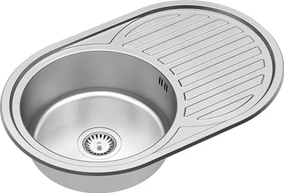 A stainless steel kitchen sink with a drainboard.