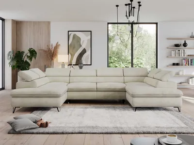 Produktbild von Wohnzimmersofa mit Schlaffunktion, U-form, verstellbare Kopfstützen, Bettkasten - PEDRO U - Velvet - Beige