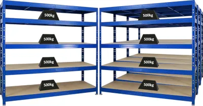Produktbild von Mega Deal | 4x Profi Schwerlastregal Rhino | HxBxT 180x200x60cm | 5 Spanplatten-Ebenen 8mm | Fachlast 500kg | Blau