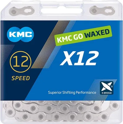 Produktbild von KMC X12 WAXED 12-fach Kette, 126 Glieder, 1/2" x 11/128", silber, gewachst mit GO CHAIN WAX für hohe Effizienz, Double X-Bridge für präzises Schalten, inkl. MissingLink