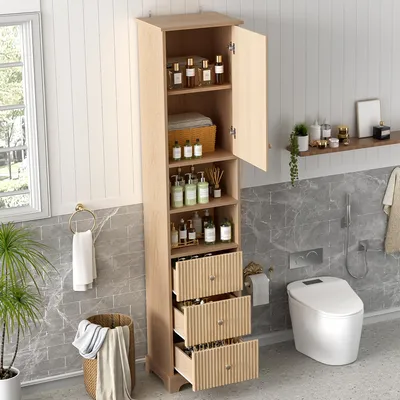 Produktbild von okwish Badezimmerschrank Hochschrank mit  Schubladen mit Unterflurschienen,Beistellschrank Vitrine mit zwei offene Regalböden,Naturholzfarbe