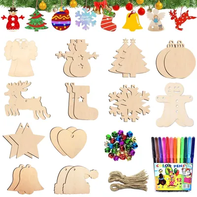Weihnachts-Bastelset, 90-tlg., Holz-Anhänger, Glöckchen, Jutekordel