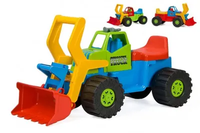 A colorful toy digger truck with a shovel in the front and a seat in the back. Two smaller versions of the toy are visible in the background.