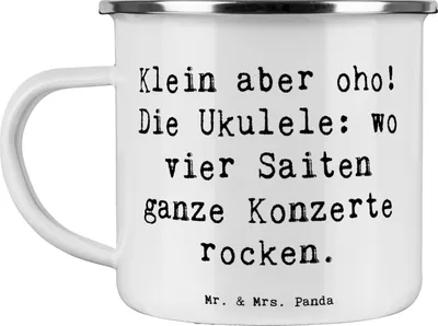 Produktbild von Mr. & Mrs. Panda Emaille Tasse Spruch Ukulele Magie - Weiß - Geschenk, Lieder, Musiker, Musik, Teetasse, Blechtasse, Musikinstrument, Musizieren, machen, Lernen, Hawaii