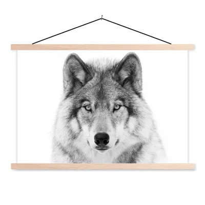 Produktbild von MuchoWow® Textilposter Wolf - Tiere - Porträt - Weiß 120x80 cm mit holzfarbenen Rahmen - Aufhängeset