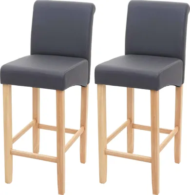 Two gray bar stools with wooden legs are shown against a white background.