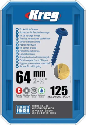 Produktbild von Kreg Pocket-Hole Schrauben 64 mm, Blue-Kote, Maxi-Loc, Grobgewinde 125Stk. - Auslaufartikel
