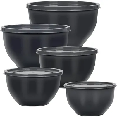 Produktbild von Salatschüssel Set mit Deckel, Rührschüsseln Kunststoff, Stapelbar, BPA-frei, Grau