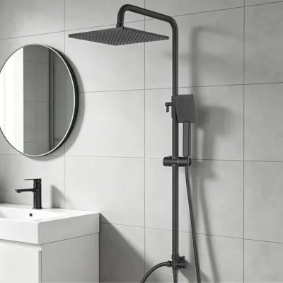 Immagine prodotto di Set completo per sistema doccia: doccia a pioggia, soffione manuale, acciaio inossidabile, ottone, colore nero