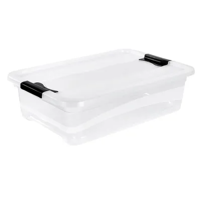A clear, studio shot of a transparent storage box with black latches, set against a white background.