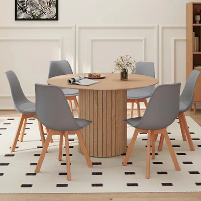 Produktbild von Runder Esstisch mit Stühlen - Essgruppe 7-teilig mit 6 Stühlen - 120 cm Tischdurchmesser - Massivholz Buche - Modernes minimalistisches Design - Hellbraun Grau