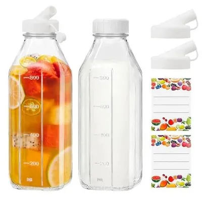 Zdjęcie produktu dla Butelki szklane na mleko soki zestaw 2 sztuki 1 litr pokrywkami
