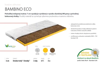 Obrázok produktu pre Matrac do detskej postieľky Benab Bambino Eco Matrac 60 x 120 cm H3 / H4 tvrdosť 7 cm výška Matrac do detskej postieľky, Aloe Vera, Kokos, HR, Nelepený spoj