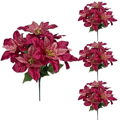 Künstliche Weihnachtsblumen, 4er-Set, bordeauxrot, 7 Blütenköpfe, 35 cm