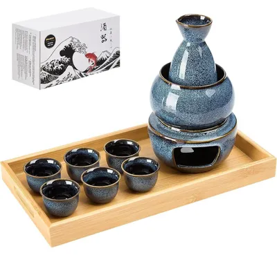 Immagine prodotto di Set giapponese per sake, composto da 11 pezzi, adatto per 6 persone, in porcellana, colore blu
