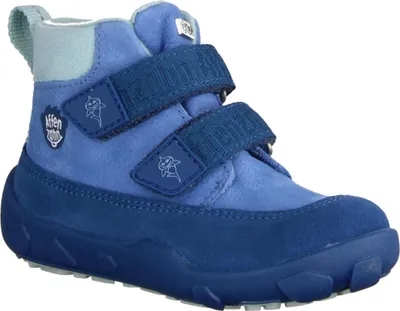A single blue child's boot is shown against a white background.