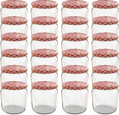 A grid of empty glass jars with red and white checkered lids.
