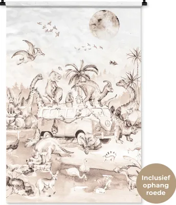 Produktbild von MuchoWow® Wandteppich Wandbehang Dinosaurier - Bus - Kinder - Tiere - Bäume 90x135 cm Tapisserie Dekoration Wandtuch - Baumwolle - Wandskulptur