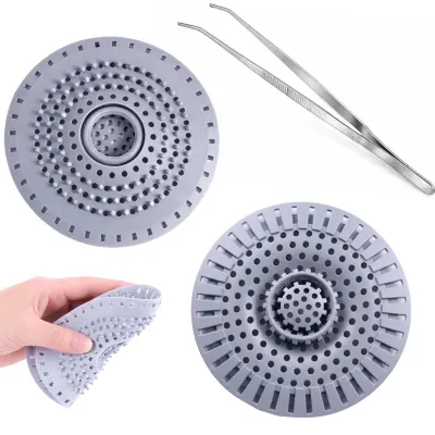 Image de Filtre de vidange en silicone avec ventouse et pince – lot de 2 – Filtre à cheveux pour douche, baignoire, lavabo et cuisine