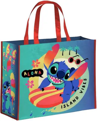 A colorful tote bag featuring the character Stitch from Lilo & Stitch, surfing on a surfboard with tropical elements.