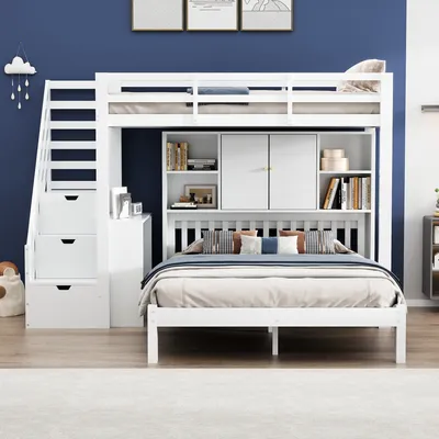 A white bunk bed with storage and a lower bed, set against a blue wall.