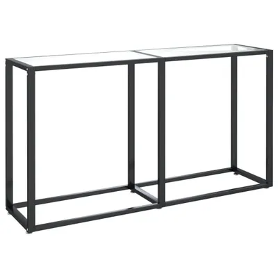 A studio shot of a console table with a black metal frame and a transparent glass top.