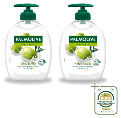 Immagine prodotto di 2 confezioni di sapone liquido per le mani Palmolive, profumo Latte e Oliva, da 300 ml ciascuna. Confezione da 2 pezzi