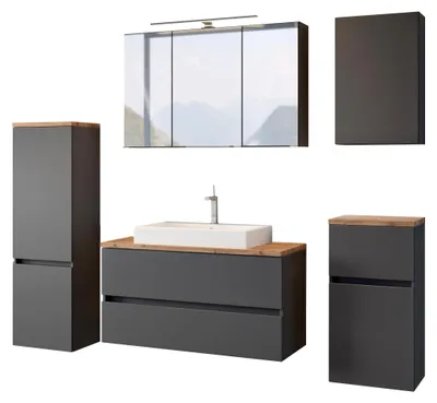 Produktbild von Basera XXL Badmöbel Set Ninette, anthrazit, inkl. LED-Spiegelschrank, Hängeschrank, Unterschrank, Midischrank und Waschtisch, mit Waschbecken