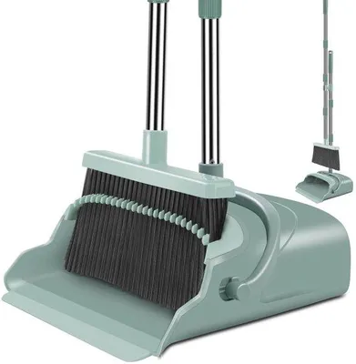 Immagine prodotto di Set di accessori per la pulizia Ibenzoa® per interni ed esterni: scopa con design a setole a 4 file, manico telescopico da 97 a 128 cm, paletta con sistema di pulizia automatica e gomma di tenuta
