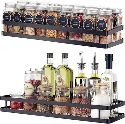 Obrázek produktu pro Sada 2 závěsných stojanů na kořenky - 40 cm Nástěnný kovový kuchyňský organizér, černá barva