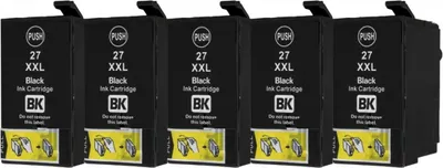 Five black ink cartridges are lined up against a white background.