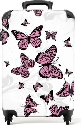 Produktbild von NoBoringSuitcases.com® Koffer Handgepäck Trolley Rollkoffer Kleine Reisekoffer mit 4 Rollen - Muster - Schmetterling - Rosa - Weiß - Pflanzen - Cabin Size < 55x40x23 cm & 55x40x20 cm - Fotokoffer - Kabinenkoffer - BoardgepäckHandgepäck Koffer 55x35x20 cm, 36L,