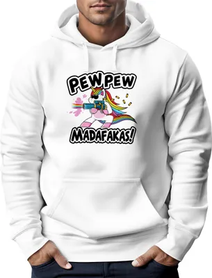 Produktbild von Hoodie Herren Pew Pew Madafakas böses Einhorn Regenbogen Unicorn Kapuzen-Pullover Moonworks® weiß XXL