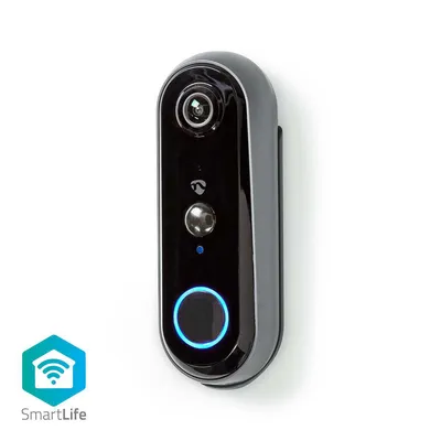 A black video doorbell with a gray frame is mounted on a white wall.
