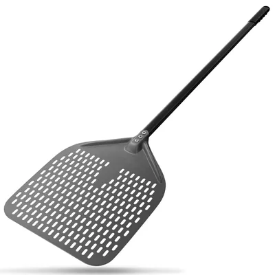 Productafbeelding van Geperforeerde pizzaschep, 30 cm lang, gemaakt van geanodiseerd aluminium met een lange, afneembare siliconenhandgreep, 120 cm