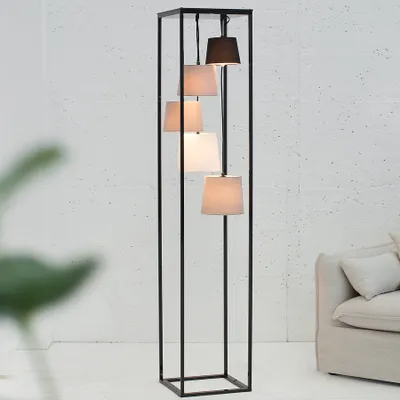 Produktbild von Retro Stehlampe LEVELS 180cm schwarz grau 5 Leinen Schirmen Stehleuchte Wohnzimmerlampe Standleuchte