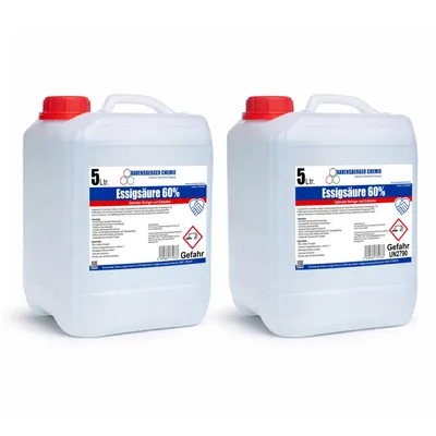 Produktbild von Ravensberger Chemie Essigsäure 60% – konzentrierter technischer Reiniger, Entkalker & Kalkentferner für Haushalt, Garten, Werkstatt & Gewerbe - 2x 5L