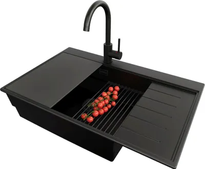 Produktbild von PRIMAGRAN Granitspüle Alles Schwarz 78x50cm, Spülbecken 1 Becken + Ablauf-Set + Küchenzubehörset, Küchenspüle ab 60er Unterschrank - Sydney