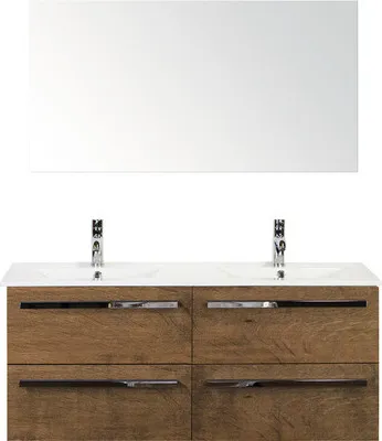 Produktbild von Sanox Badmöbel-Set Seville BxHxT 121 x 170 x 46 cm Frontfarbe tabacco mit Waschtisch Keramik weiß, Waschtischunterschran