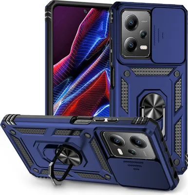 Image de Xiaomi Redmi Note 12 Pro 5G étui double couche avec couvercle coulissant pour l'appareil photo et support annulaire bleu