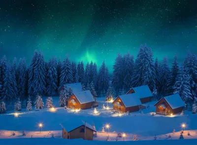 Produktbild von Hintergrundleinwand Nordlichter-Motiv 76x56 cm für die Weihnachtsdorf-Dekoration