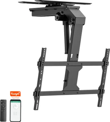 A black electric TV ceiling mount with a remote control and a smartphone displaying a Tuya app.