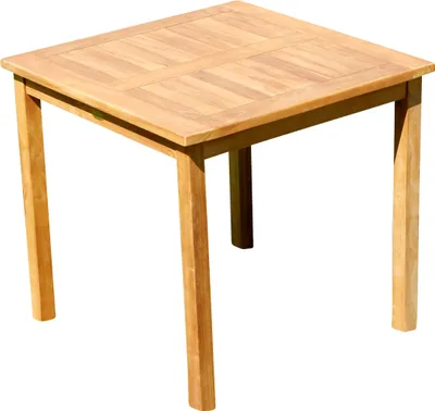 A square wooden garden table with four legs, shown from a slightly elevated angle against a white background.