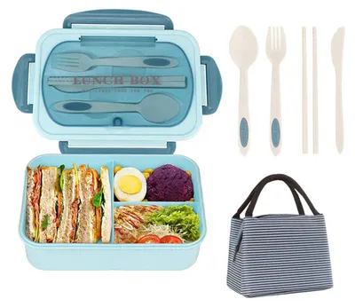 Produktbild von Bento-Box für Erwachsene - 1200 ml - auslaufsicher - auslaufsicher - mit Besteck - 3 Fächer - mikrowellengeeignet - Mit Tasche - Blau