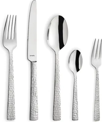 A set of five stainless steel cutlery pieces arranged on a white background.